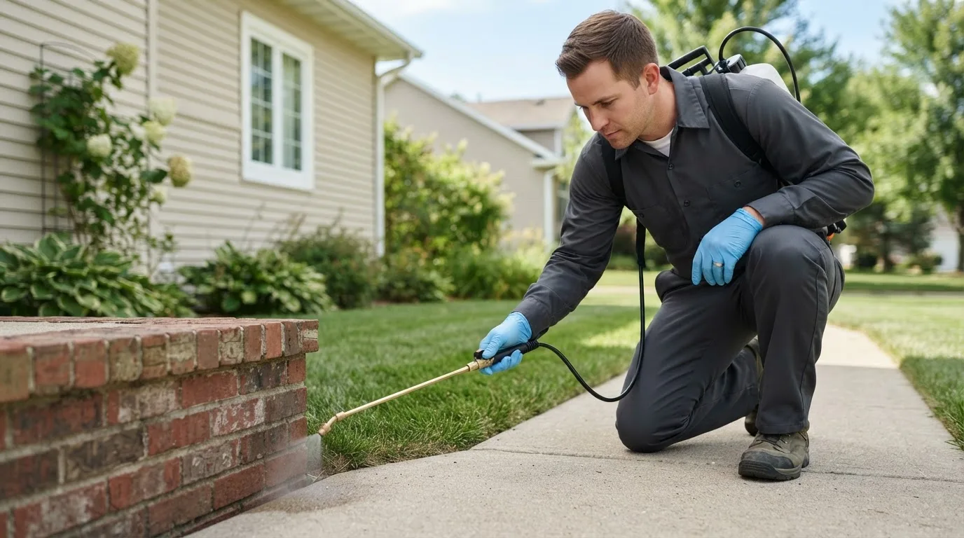 Pest control technician treating a home near Fenwick, MI