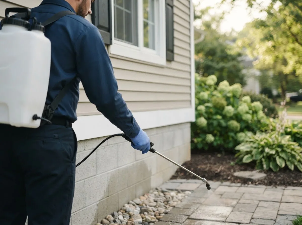 Pest control technician inspecting a home in Fenwick, MI
